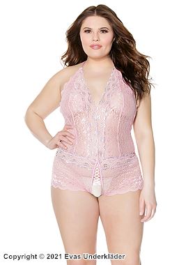 Romantischer Dessous-Teddy, Schnürung, offener Schritt, metallische Spitze, Plus Size